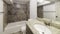 Pano Interior of a small bathroom with white walls and tiles