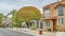 Pano Road along homes with lovely facade and landscaping in Long Beach California