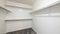 Pano White empty walk in closet with carpeted floor and shelves with metal hanging rods