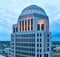 Panorama aerial dawn lighting over 400 west market building Louisville Kentucky