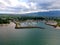 Panorama Aerial Drone View of Waikiki Beach Honolulu Hawaii USA taken from Diamond head. Resorts hotels on the white sandy beach