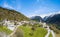 Panorama aerial image of the Swiss mountain village Soglio