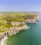 An panorama aerial view along the Pembrokeshire coast from Skrinkle Haven near to Tenby, South Wales