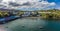 A panorama aerial view from offshore towards Portree on the Isle of Skye, Scotland