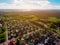 Panorama aerial view shot on cottage village in forest, suburb, village.