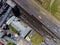 Panorama aerial view shot on railroad tracks with wagons