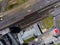 Panorama aerial view shot on railroad tracks with wagons