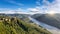 Panorama with Aggstein castle ruin and Danube river at sunset in Wachau walley(Unesco), Lower Austria, Austria