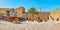 Panorama of Al Fahidi Fort with historic arish summer house and fishing boats, Dubai, UAE