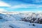 Panorama of the Alpine mountains in the evening at the ski resort of Ischgl, Austria