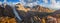 Panorama of Altai Mountains in morning light, rocky peaks