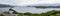 Panorama of Amanohashidate `Heaven Brigde` with Miyazu Bay and Islands between a green Landscape. Miyazu, Japan, Asia.