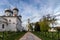 Panorama of the ancient male St. George Monastery in the suburbs of Veliky Novgorod.