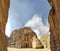 Panorama of Approach and view of the facade of the Treasury building in the ancient Nabatean ruins of Petra