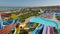 Panorama of the aquapark sliders, aqua park, water park aquapark sliders with pool.