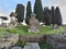 Panorama in the archaeological excavations of Ostia Antica with the Forum of the heroic statue - Rome, Italy