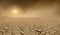 Panorama of arid barren land with cracked soil and sun barely visible through the approaching sand storm. Ecology problems concept