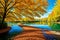 panorama of autumn river under a cloudy blue sky bright yellow trees made with Generative AI