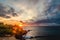 Panorama of awesome tropical sunset at Nusa Lembongan island, Bali, Indonesia.