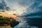 Panorama of awesome tropical sunset at Nusa Lembongan island, Bali, Indonesia.