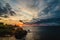 Panorama of awesome tropical sunset at Nusa Lembongan island, Bali, Indonesia.