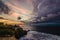 Panorama of awesome tropical sunset at Nusa Lembongan island, Bali, Indonesia.