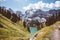 Panorama of the azure lake Oeschinensee. Swiss alps, Kandersteg