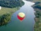 Panorama of balloon flight from altitude in summer in good weather above the river