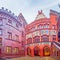 Panorama of Basel Rathaus town hall courtyard with colorful frescoes, Switzerland