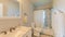 Panorama Bathroom interior with window and warm ambient lighting