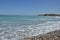 Panorama of the beach of the Aegean Sea in the village of Theologos on the island of Rhodes in Greece