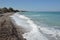 Panorama of the beach of the Aegean Sea in the village of Theologos on the island of Rhodes in Greece