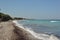 Panorama of the beach of the Aegean Sea in the village of Theologos on the island of Rhodes in Greece