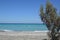 Panorama of the beach of the Aegean Sea in the village of Theologos on the island of Rhodes in Greece