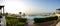 Panorama of the beach at luxury hotel in sunset