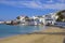 Panorama of beach in Mykonos town, Greece