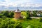 Panorama of the beautiful ancient city Veliky Novgorod, view of the city from the Novgorod shaft, only surviving tower