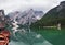 Panorama of beautiful Braies lake with crystal water in background in Dolomite