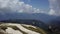 Panorama of beautiful mountain valley from the top of roza khutor mountains