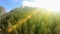 Panorama of beautiful mountains with green forest, blue sky and bright sunlight