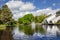 Panorama of the beautiful Riga canal with fountain in Bastion park