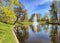 Panorama of the beautiful Riga canal with fountain in Bastion park