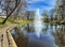 Panorama of the beautiful Riga canal with fountain near Bastion park