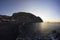 Panorama of Beautiful volcanic beach of Perissa, Santorini island, Greece