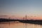 Panorama of Belgrade brigdes over the Sava river (Ada, Gazela, old and new railway bridges) taken on a sunset.