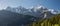 The panorama of Bernese alps with the Jungfrau, Monch and Eiger peaksin the morning light