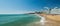 Panorama of Black Sea coast. Busy beach of Golden Sands resort