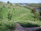 Panorama of blooming spring nature on the rocky shores of the Dnieper island of Khortytsia.