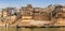 Panorama of boats and historic buildings at the Babua Pandey Ghat in Varanasi