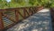 Panorama Bridge with brown guardrails overlooking a river and abundant trees.